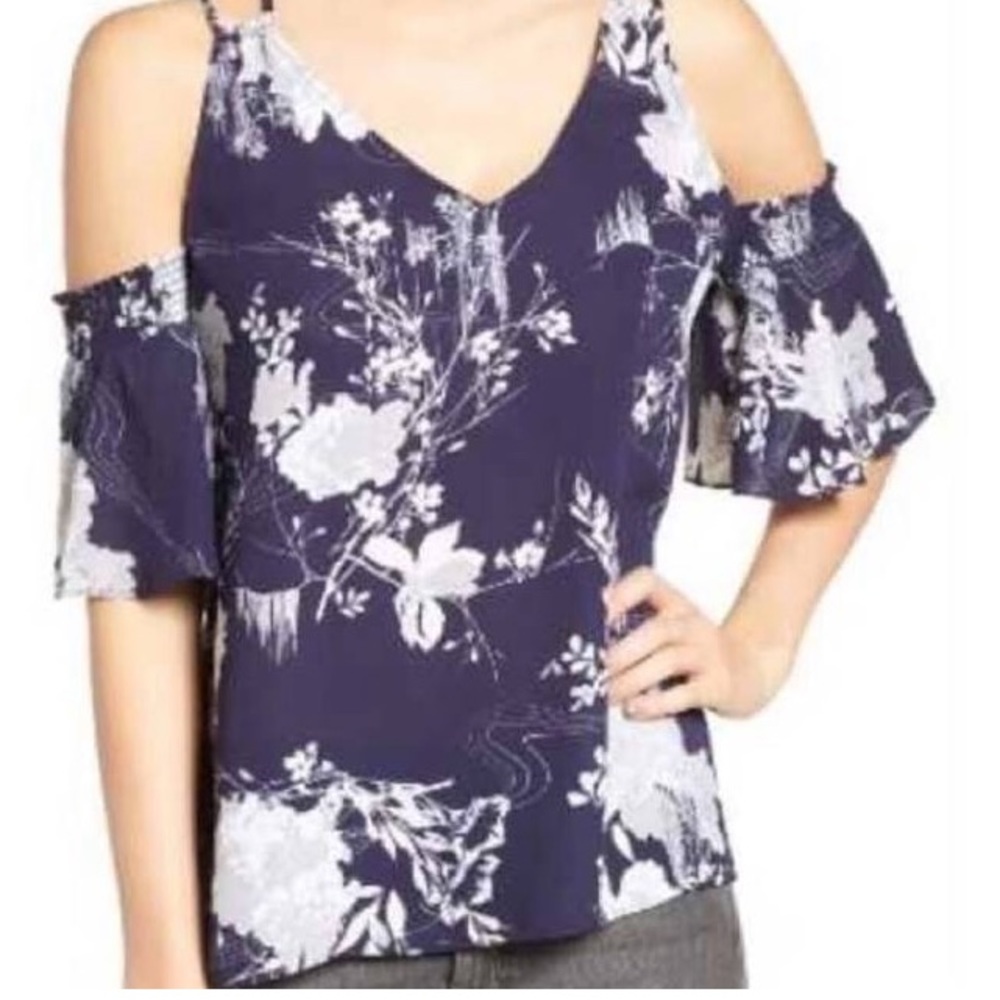 Chelsea 28 Navy print cold shoulder blouse